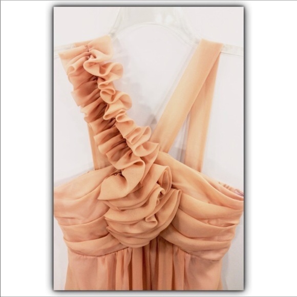Mystic frilly ruffle trim shoulder sheer peach overlay cocktail dress size L - Picture 4 of 7